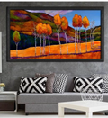 Sonbahar Manzara Kabartmalı Dokulu Tablo – Siyah Ahşap Çerçeveli 123x67 cm
